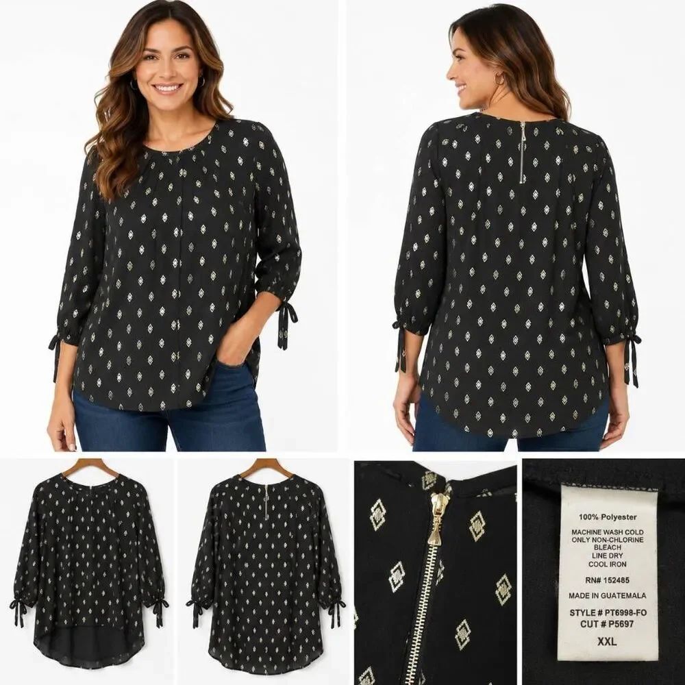 Papermoon XXL Black Metallic Print Tie Sleeve Blouse